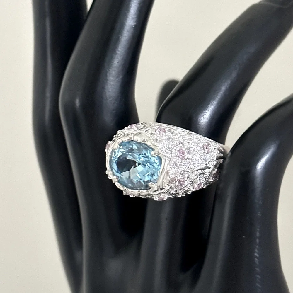 David Sigal 925 Sterling Silver Genuine Blue Topaz Pink CZ Statement Ring Size 9